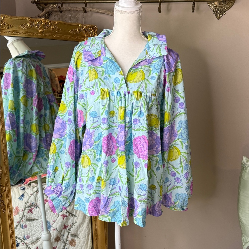 Light Blue Floral Peasant Top with Pastel Yellow & Purple Flowers
